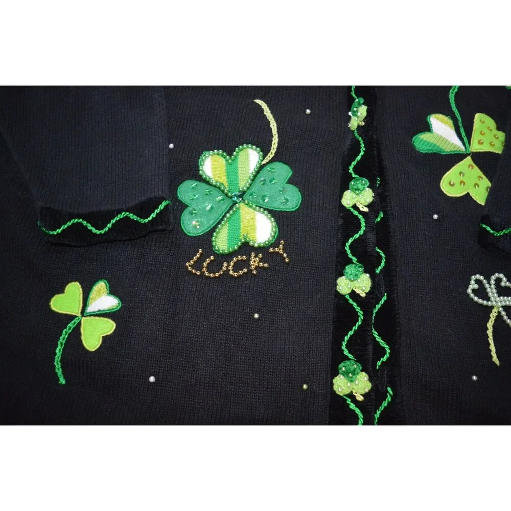 Vintage Quacker Factory Sweater Cardigan XL Plus Shamrock St Patrick's Day Irish